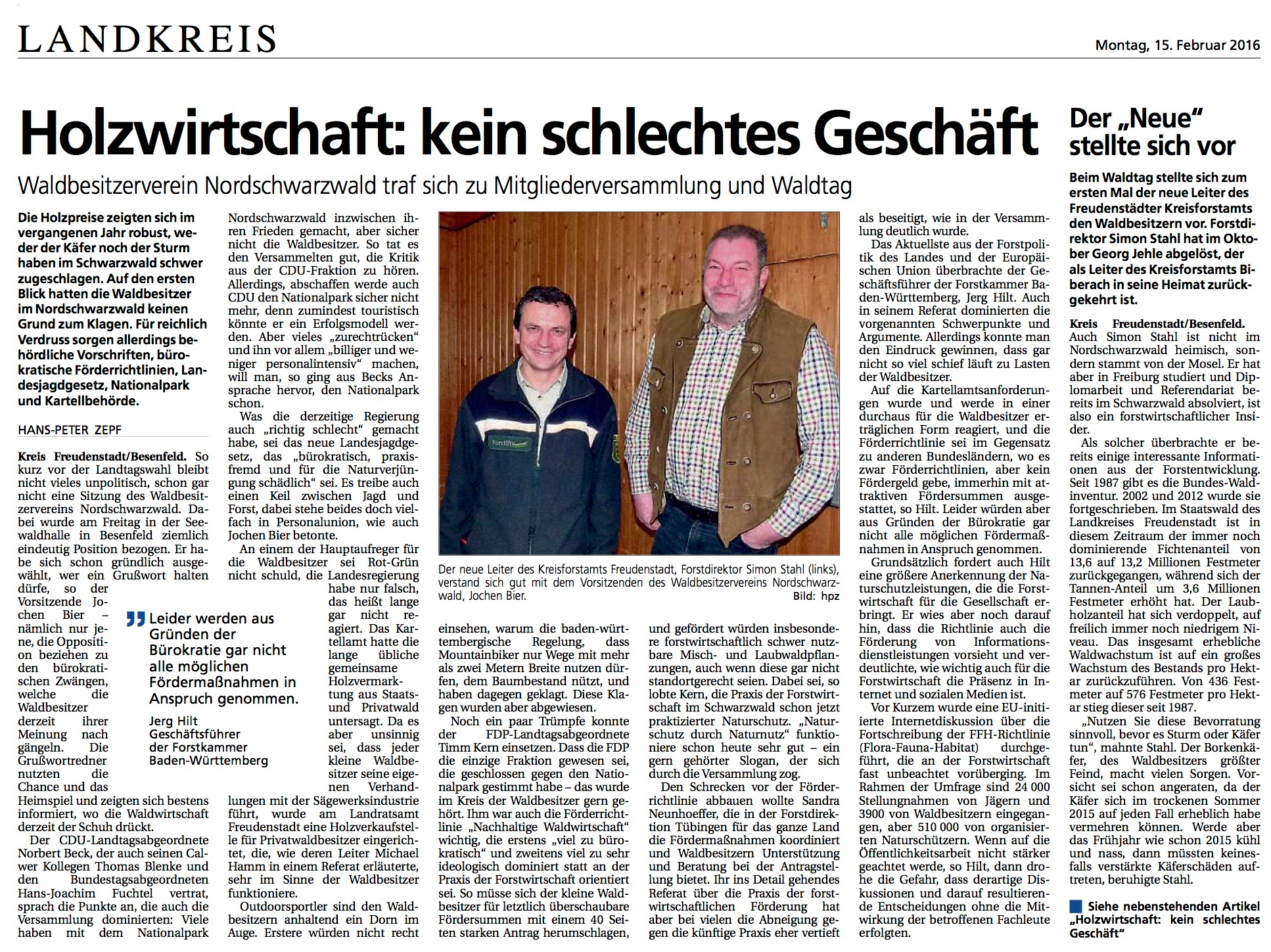 Zeitungsartikel WBV Versammlung und 12. Nordschwarzwälder Holz- und Waldtag 2016